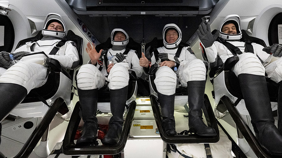 From left, crewmates Andrey Fedyaev, Woody Hoburg, Stephen Bowen, and Sultan Alneyadi are pictured inside the SpaceX Dragon Endeavour spacecraft shortly after returning to Earth on Sept. 4, 2023. Credit: NASA/Joel Kowsky