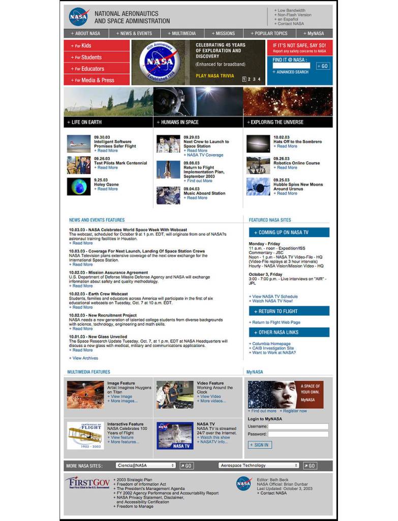NASA Home Page, 2003-13