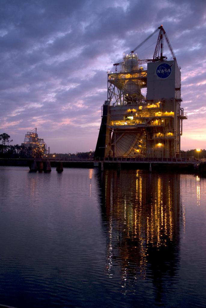The sun setting behind the A-2 Test Stand at NASA Stennis