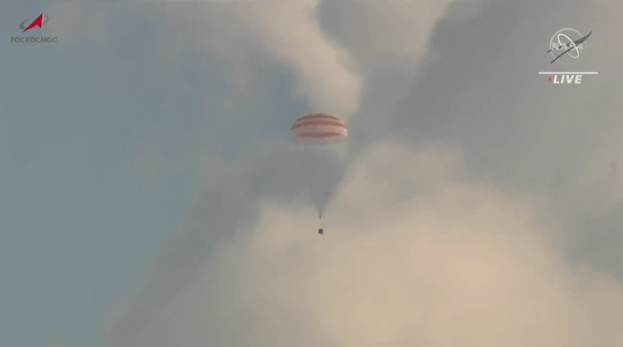 The Soyuz MS-23 spacecraft deploys its parachute for landing in Kazakhstan. Credit: NASA TV