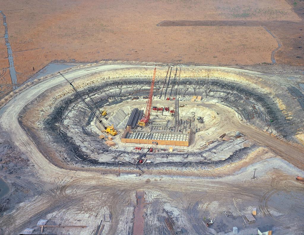 aerial view of early construction of a structure to test rocket engines and stages