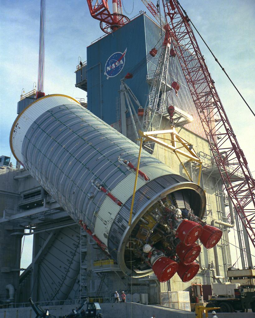 a prototype Saturn II rocket stage arrives at NASA Stennis for installation on the A-2 Test Stand.