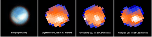 Four square panels appear in a horizontal strip. The first is a blue-and-white sphere against a black background and the other three are the sphere with darker blue patches and two large white patches in the southern hemisphere.