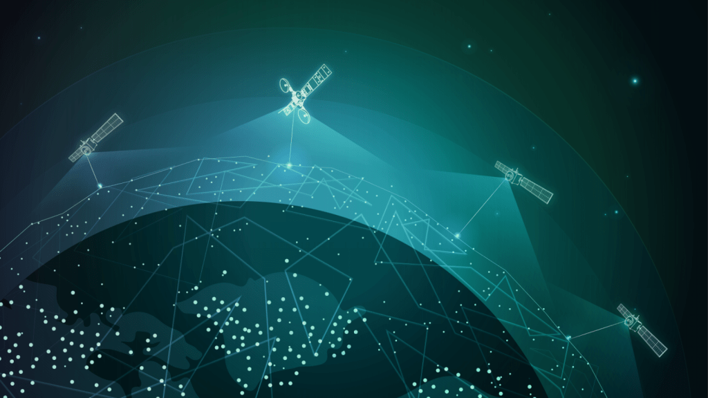 We see an illustrated graphic representation of a near-Earth communications system in front of a dark teal space scene filled with glowing stars.  The top half of planet Earth is shown in dark green, placed on the bottom half of the image. Four green spacecraft are shown circling the Earth, three are commercial satellites and one is a NASA owned satellite. Many glowing green dots are spread out across the Earth’s surface, and glowing green lines connect the dots to the spacecraft, representing invisible communications signals.  
