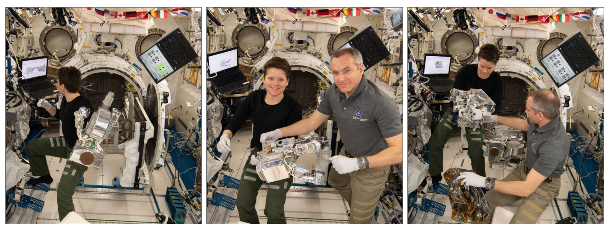 During ground testing astronauts Anne McClain and David Saint-Jacques pose with the corresponding RRM3 tools aboard the International Space Station.