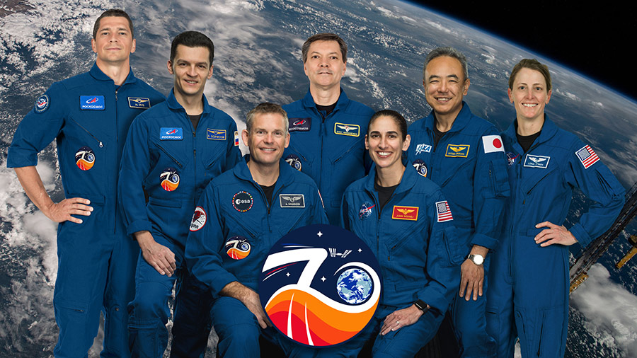 The official Expedition 70 crew portrait with (top row from left) Nikolai Chub, Konstantin Borisov, Oleg Kononenko, Satoshi Furukawa, and Loral O'Hara. In the front row are, Andreas Mogensen and Jasmin Moghbeli.