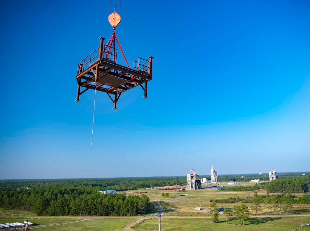 umbilical support structure at the site’s B-2 Test Stand for future testing of the new Exploration Upper Stage (EUS) that will fly on future Artemis missions to the Moon and beyond.