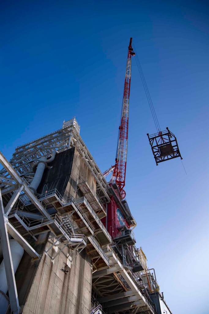 umbilical support structure at the site’s B-2 Test Stand for future testing of the new Exploration Upper Stage (EUS) that will fly on future Artemis missions to the Moon and beyond.