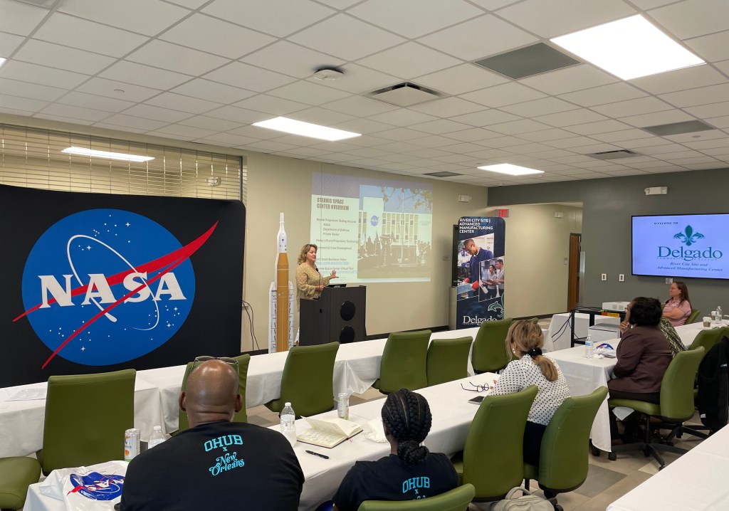 A NASA Stennis representative speaking to audience during NASA Day at Delgado