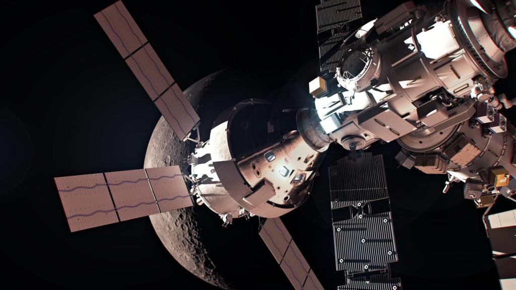 A rendering of the Orion spacecraft docked to the Gateway space station.