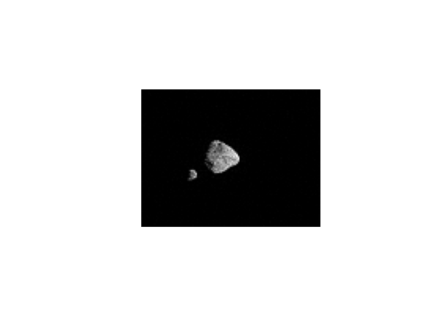 An animated gif of a a series of image taken from the Lucy spacecraft of a pair of asteroids named Dinkinesh. One asteroid is larger than the other, with the small one moving along the bottom of the larger asteroid from left to right as the Lucy spacecraft passes by.