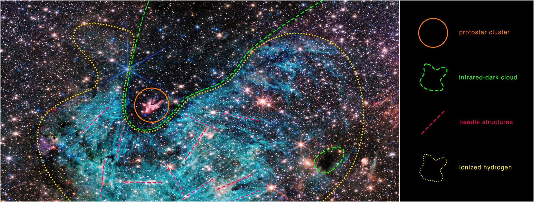 A crowded region of space, full of stars and colorful clouds, more than twice as wide as it is tall, with features outlined in the image in different colors. A key on the right indicates what each outline is highlighting. From the top of the key down: an orange circle next to text, protostar cluster. An irregular green dashed-line shape with text, infrared-dark cloud. A straight red dashed-line with text, needle structures. An irregular yellow dotted-line shape with text, ionized hydrogen. See extended description for more details on the image.