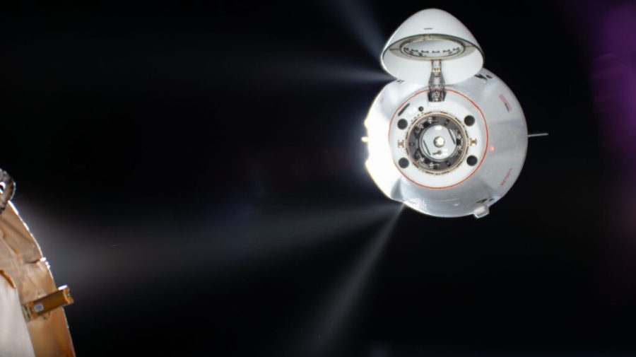 Thrusters on the SpaceX Dragon cargo spacecraft fire automatically while adjusting the vehicle's slow, methodical approach toward the International Space Station for a docking to the Harmony module's forward port.