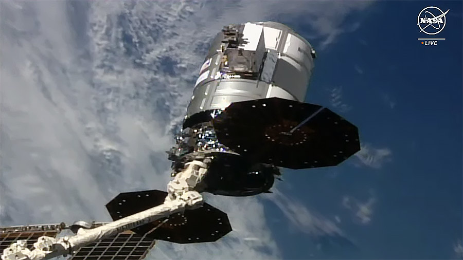 The Cygnus space freighter is poised for release from the grip of the Canadarm2 robotic arm ending a four-and-a-half month space station cargo mission. Credit: NASA TV