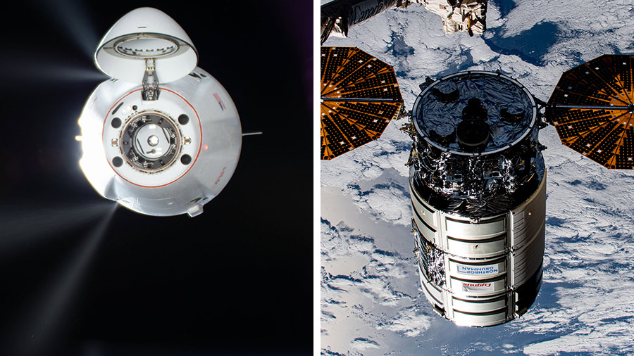 A SpaceX Dragon cargo spacecraft (left) approaches the station on Nov. 11. The Cygnus resupply ship (right) awaits a robotic capture on Aug. 4.