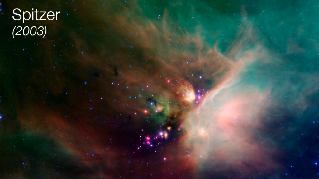 Rho Ophiuchi was also imaged by NASA’s Spitzer Space Telescope. Spitzer had a wider field of view and better resolution than its predecessors, providing this more detailed image of the region as well as more information about star formation.