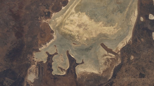 Etosha National Park in northern Namibia, home to a variety of wildlife including elephants, lions, and giraffes, is pictured from the International Space Station as it orbited 262 miles above the African nation.