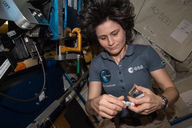 Expedition 67 Flight Engineer Samantha Cristoforetti of ESA (European Space Agency) services microbe samples collected for analysis from areas around the Columbus laboratory module's Veggie space botany facility.