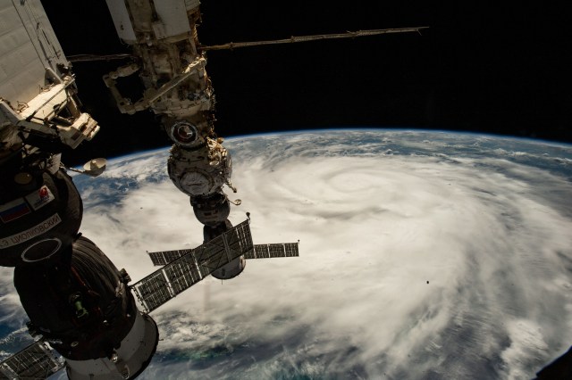Hurricane Ian is pictured from the International Space Station as it orbited 258 miles above the Caribbean Sea east of Belize. At the time of this photograph, Ian was just south of Cuba gaining strength and heading toward Florida. In the foreground (from left), are the Soyuz MS-22 crew ship, docked to the Rassvet module, and the Soyuz MS-21 crew ship, docked to the Prichal module.