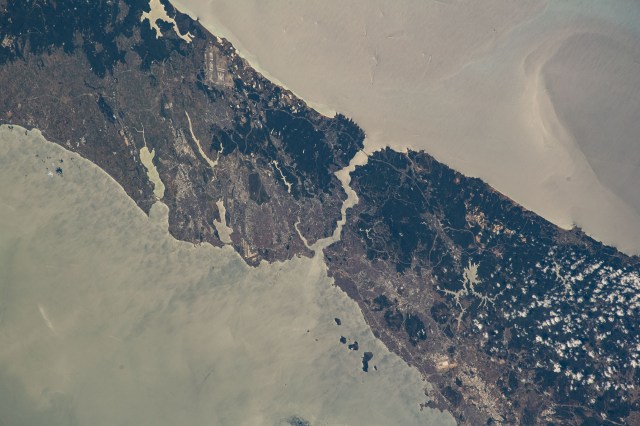 The city of Istanbul, Turkey, is separated by the Bosphorus Strait and sits in between the Black Sea (top) and the Sea of Marmara (bottom) in this photograph from the International Space Station as it orbited 259 miles above.