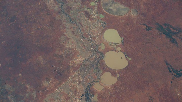 Kinchega National Park, with the Darling River and several lakes on its eastern edge, is pictured from the International Space Station as it orbited 264 miles above New South Wales, Australia.