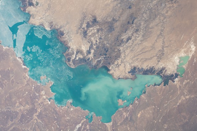 Lake Baikhash in Kazakhstan is pictiured from the International Space Station as it orbited 261 miles above the Central Asian nation.