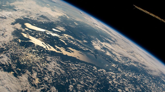 Lakes Winnipeg, Manitoba, and Winnipegosis, in the Canadian province of Manitoba, are pictured from the International Space Station as it orbited 260 miles above North America.