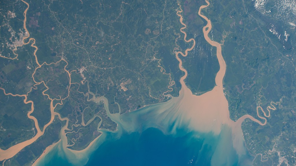 Maludam National Park in East Malaysia is composed of low-lying forests and several rivers that empty into the South China Sea. The International Space Station was orbiting 261 miles above the Maludam Peninsula when this photograph was taken.