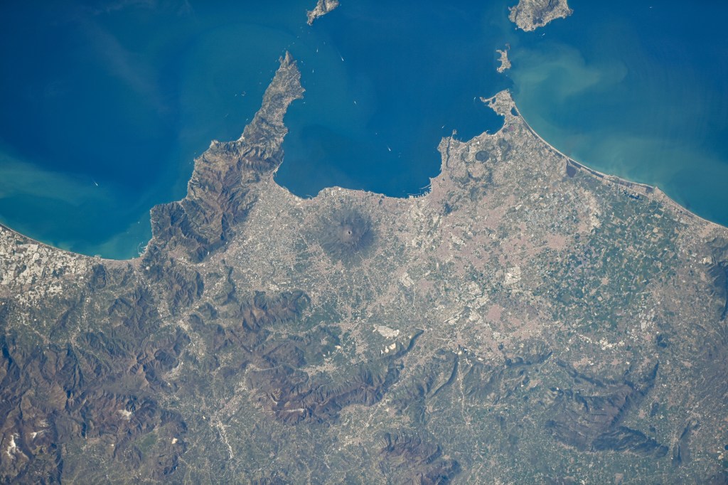 Mount Vesuvius on the Gulf of Naples in Italy is pictured from the International Space Station as it orbited 260 miles above.