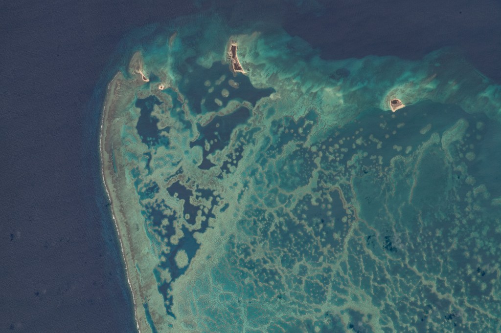 Scorpion Reef, north of the Mexican state of Yucatan, in the Gulf of Mexico is pictured from the International Space Station as it orbited 257 miles above.