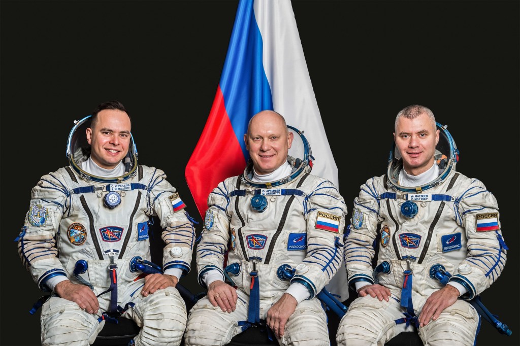 Soyuz MS-21 crew members (from left) Sergey Korsakov, Oleg Artemyev, and Denis Matveev pose for a portrait at the Gagarin Cosmonaut Training Center in Russia. They will serve aboard the International Space Station as Expedition 67 crew members. Credit: Andrey Shelepin