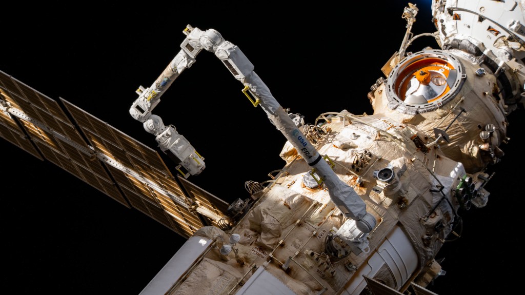 The International Space Station's third and newest robotic manipulator, the European robotic arm (ERA), is pictured attached to the Nauka multipurpose laboratory module. The ERA provides additional payload support and spacewalk assistance on the orbiting lab's Russian segment.