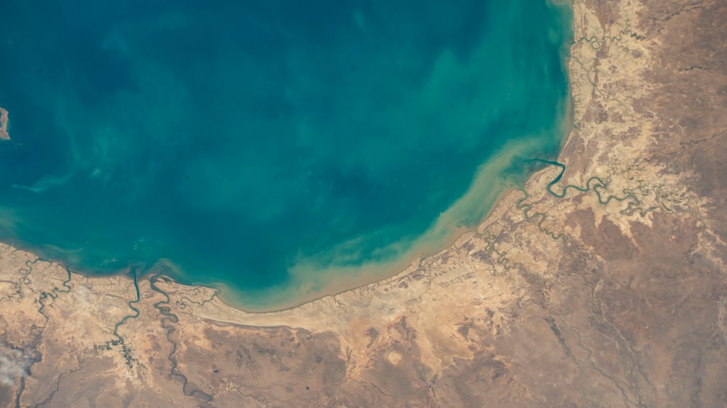 The southeastern portion of the Gulf of Carpentaria on the coast of Queensland, Australia, is pictured from the International Space Station as it orbited 260 miles above.