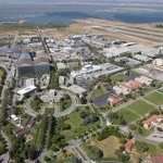 Aerial view of newly completed N-232 Sustainability Base at the NASA Ames Research Center, Moffett Field, CA.