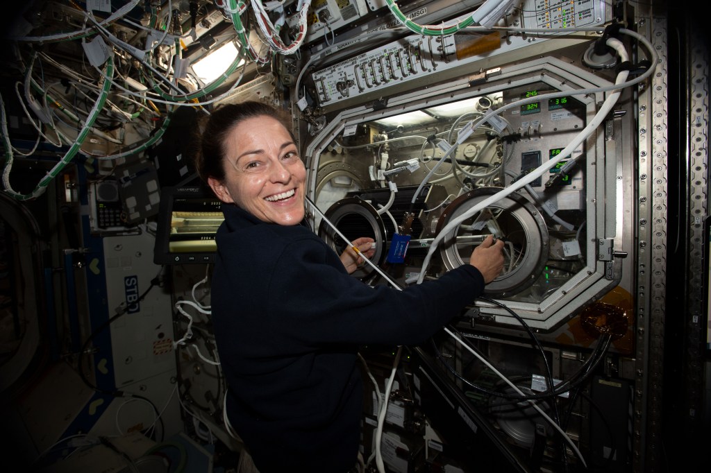 iss068e029599 (Dec. 14, 2022) --- NASA astronaut and Expedition 68 Flight Engineer Nicole Mann exchanges samples inside the Microgravity Science Glovebox for the Pore Formation and Mobility Investigation. The space physics study demonstrates a passive cooling system for electronic devices in microgravity using a micro-structured surface.