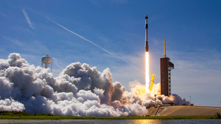 The SpaceX Falcon 9 rocket with the Dragon crew ship atop blasts off on April 9, 2022, carrying the first private astronauts to the space station during Axiom Mission-1. Credit: SpaceX