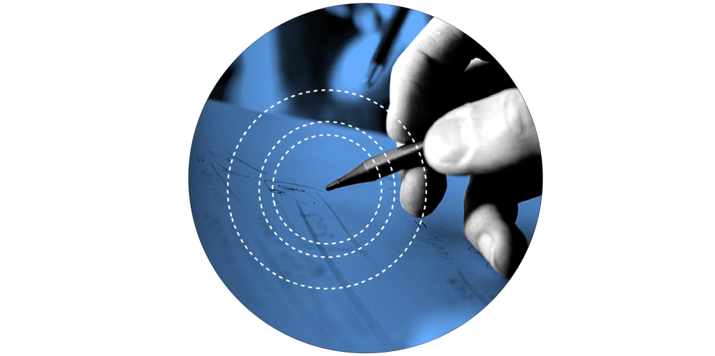 Hand holding a pencil with concentric circles emanating from the tip of the pencil.