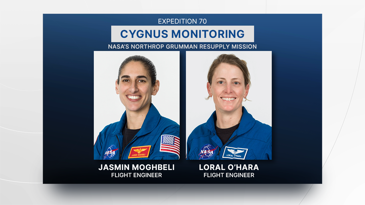NASA astronauts Jasmin Moghbeli and Loral O'Hara will be on duty during the Cygnus cargo craft's aproach and rendezvous. Moghbeli will be at the controls of the Canadarm2 ready to capture Cygnus as O’Hara monitors the vehicle’s arrival.