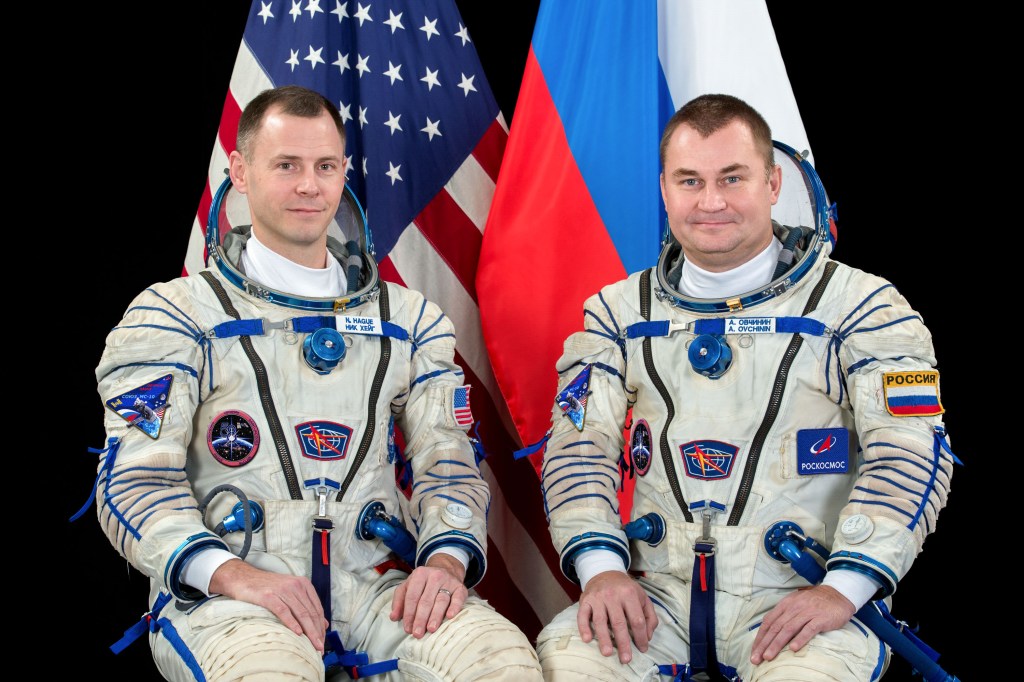 Expedition 57-58 crew members (from left) Nick Hague of NASA and Alexey Ovchinin of Roscosmos are pictured in Sokol launch and entry suits at the Gagarin Cosmonaut Training Center.