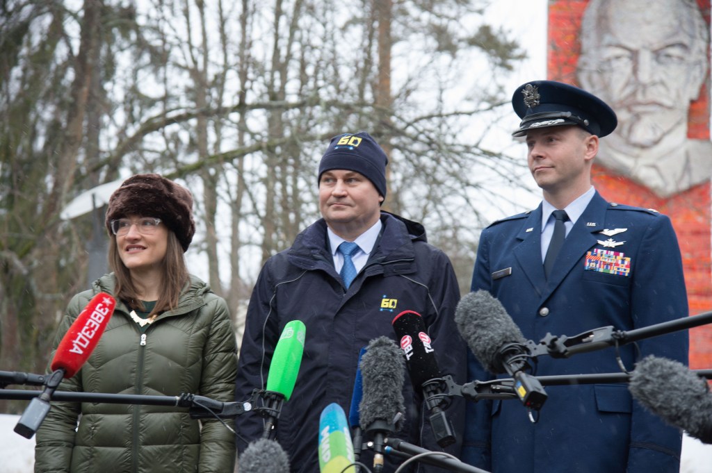 At the Gagarin Cosmonaut Training Center in Star City, Russia, Expedition 59 crew members Christina Koch of NASA (left), Alexey Ovchinin of Roscosmos (center) and Nick Hague of NASA (right) listen to reporters’ questions Feb. 26 as they prepared to depart for their launch site at the Baikonur Cosmodrome in Kazakhstan for final pre-launch training. They will launch on March 14, U.S. time, on the Soyuz MS-12 spacecraft from the Baikonur Cosmodrome in Kazakhstan for a six-and-a-half month mission on the International Space Station.