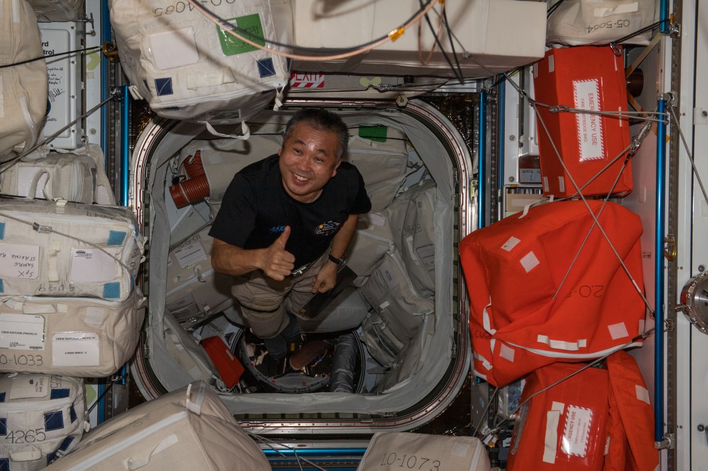 iss068e020523 (Nov. 3, 2022) --- Expedition 68 Flight Engineer Koichi Wakata of the Japan Aerospace Exploration Agency (JAXA) gives a "thumbs up" from inside the Harmony module's forward-facing international docking adapter where the SpaceX Dragon Endeavour crew ship is docked.