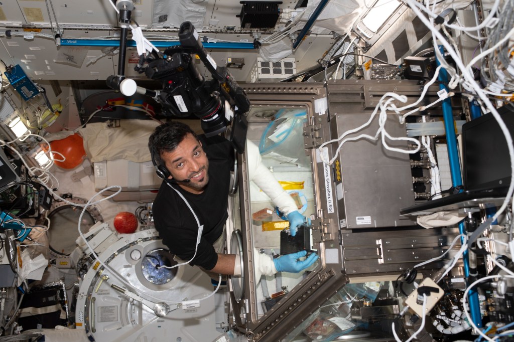iss068e076142 (March 23, 2021) --- UAE (United Arab Emirates) astronaut and Expedition 68 Flight Engineer Sultan Alneyadi works in the Kibo laboratory module's Life Science Glovebox. Alneyadi was conducting research for the Cardinal Heart 2.0 investigation that is testing clinically-approved pharmaceutical drugs to reverse the negative effects on heart cells and tissues caused by prolonged exposure to the space environment.