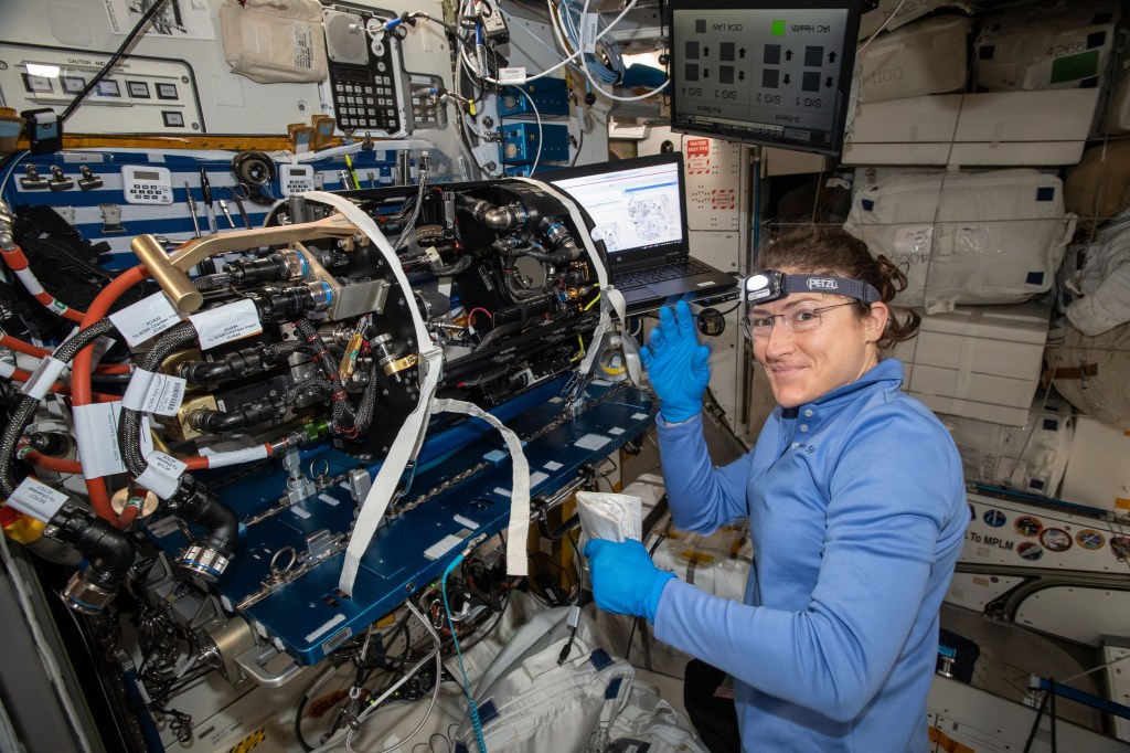 NASA astronaut and Expedition 59 Flight Engineer Christina Koch works on the Unity module's Maintenance Work Area where the Advanced Combustion via Microgravity Experiments (ACME) Chamber Insert was attached for hardware replacement. ACME is a set of five independent studies researching improved fuel efficiency and reduced pollutant production in practical combustion on Earth, as well as spacecraft fire prevention through innovative research focused on materials flammability.