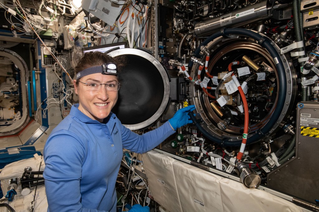 NASA astronaut and Expedition 59 Flight Engineer Christina Koch works inside the U.S. Destiny laboratory module's Combustion Integrated Rack. She was replacing hardware for a series of experiments collectively known as Advanced Combustion via Microgravity Experiments (ACME). ACME is a set of five independent studies researching improved fuel efficiency and reduced pollutant production in practical combustion on Earth, as well as spacecraft fire prevention through innovative research focused on materials flammability.