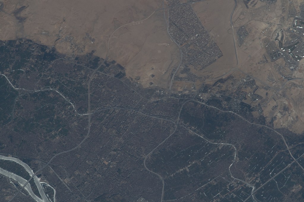 iss068e006657 (Oct. 1, 2022) --- Giza, Egypt, the home of the Great Pyramids (center), and a portion of the Nile River (lower left) are pictured from the International Space Station as it orbited 259 miles above the Mediterranean Sea.