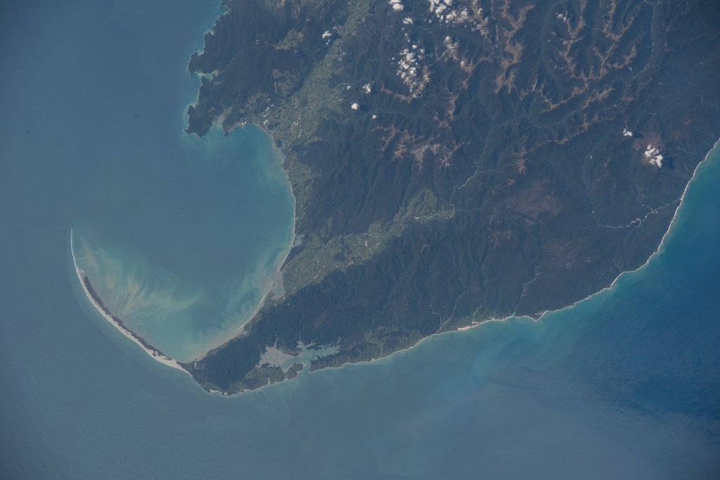 iss068e021495 (Nov. 9, 2022) --- Golden Bay/Mohua in New Zealand is pictured from the International Space Station as it orbited 270 miles above the Tasman Sea. Credit: Koichi Wakata/Japan Aerospace Exploration Agency