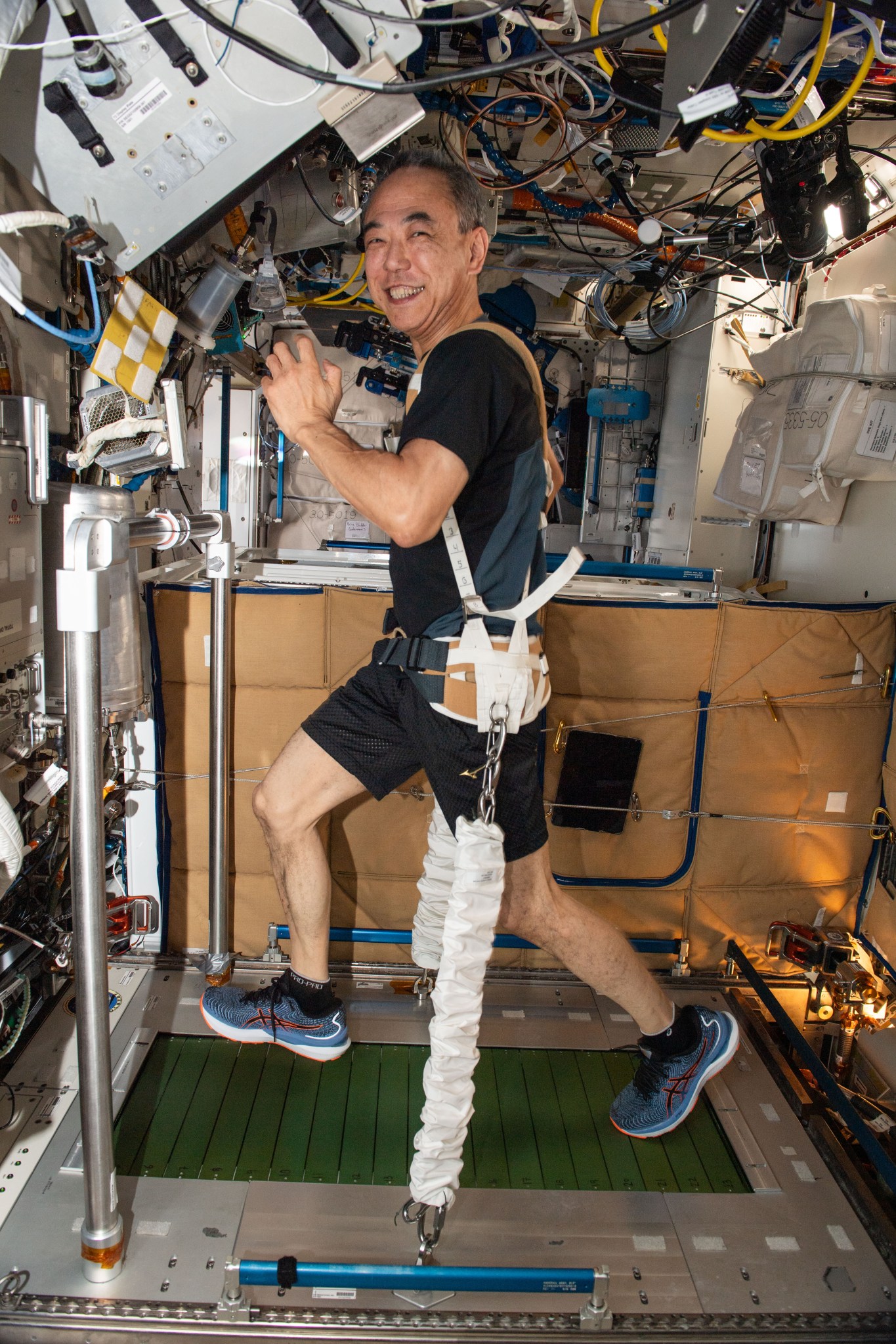 Expedition 70 Flight Engineer and JAXA (Japan Aerospace Exploration Agency) astronaut Satoshi Furukawa jogs on the Combined Operational Load Bearing External Resistance Treadmill (COLBERT) inside the International Space Station's Tranquility module. COLBERT is designed to allow walking and running in a microgravity environment for maintaining crew cardiovascular fitness, muscular strength, and to exercise neurophysiological pathways and reflexes that are required to walk once returned to Earth.