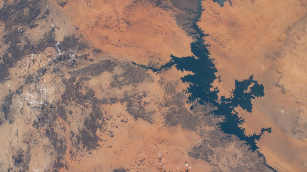 iss068e017658 (Oct. 20, 2022) --- Lake Nasser, one of the largest man-made lakes in the world, is pictured in southern Egypt from the International Space Station as it orbited 262 miles above.