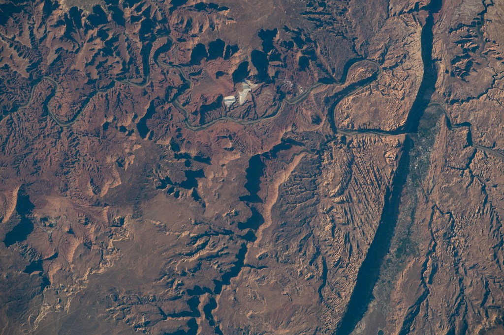 iss068e015308 (Oct. 11, 2022) --- Moab, Utah, and the Colorado River are pictured from the International Space Station as it orbited 262 miles above the Beehive State. Credit: NASA/Kjell Lindgren