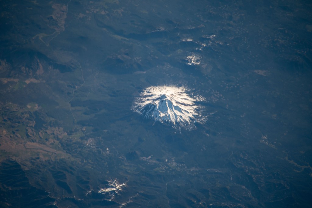 Mount Shasta in California is pictured from the International Space Station as the orbital complex orbited 256 miles above the Pacific Ocean off the west coast of the United States.